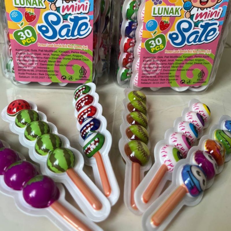 

Permen Lunak Sate Isi 30 Pcs, Permen Anak-Anak Enak Hallah Bpom Ecer / Grosir