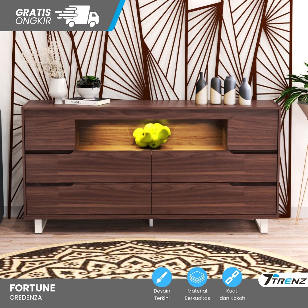Trenz Furniture - Credenza Fortune Buffet Minimalis Penyimpanan Rak TV dengan Kaki Besi dan LED Buff
