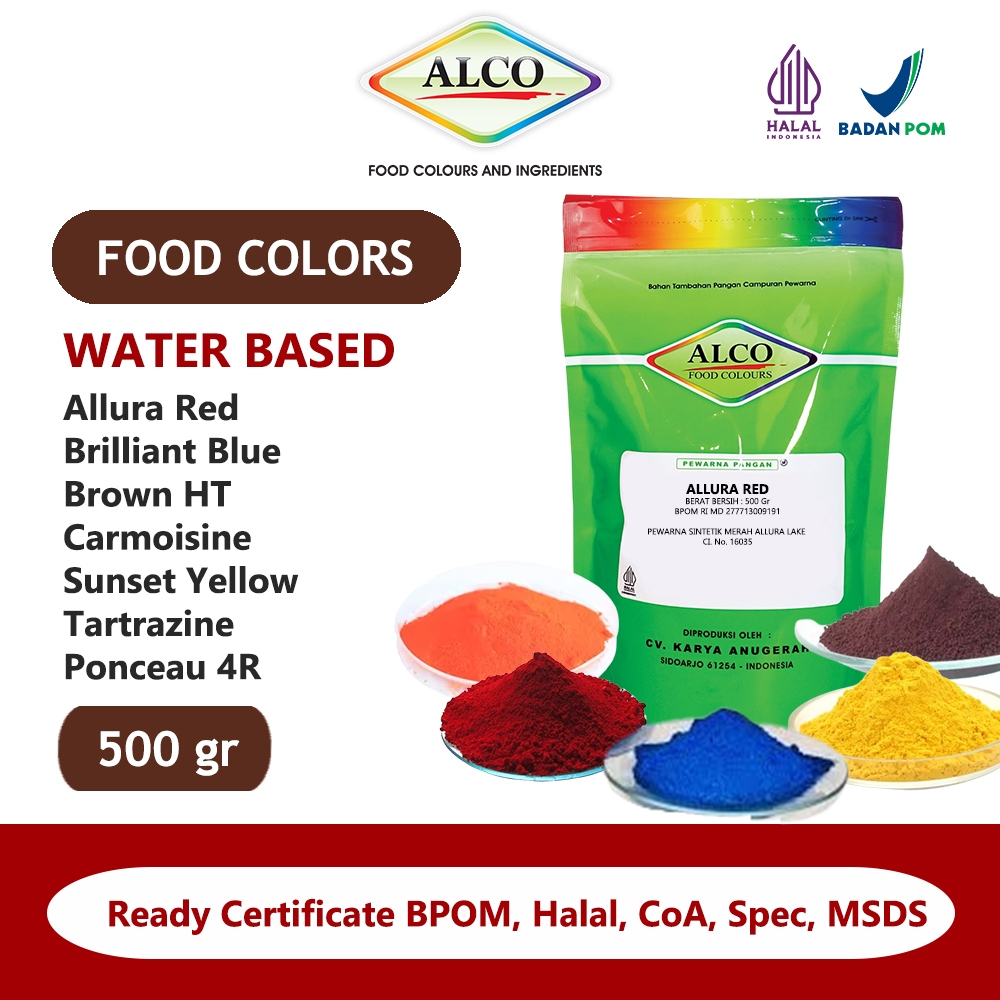 

Pewarna Makanan Minuman Kue Bubuk Water Based Soluble ALCO 500 gr Single Colour ALLURA RED, BRILLIANT BLUE, BROWN HT, CARMOISINE, SUNSET YELLOW, TARTRAZINE, PONCEAU 4R