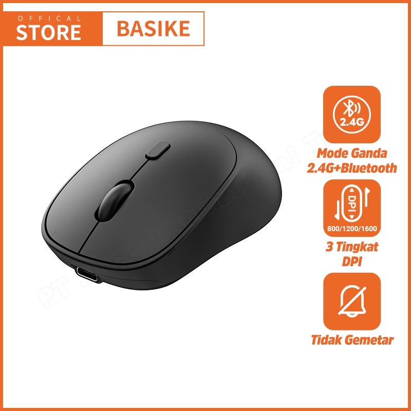 BASIKE Mouse Wireless Bluetooth 5.2+2.4GHZ 1600DPI Silent Rechargeable Mini murah untuk PC Laptop