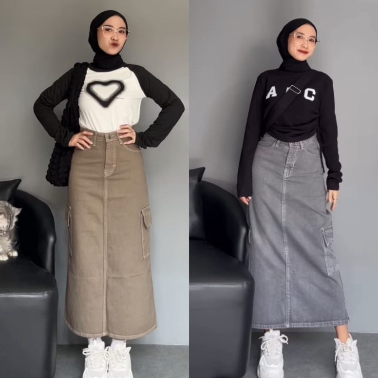 KODE R24S Rok Cargo Jeans Span Polos Wanita Skrit Rok Panjang Highwaist Terbaru Rok Jins Nayla Kekin