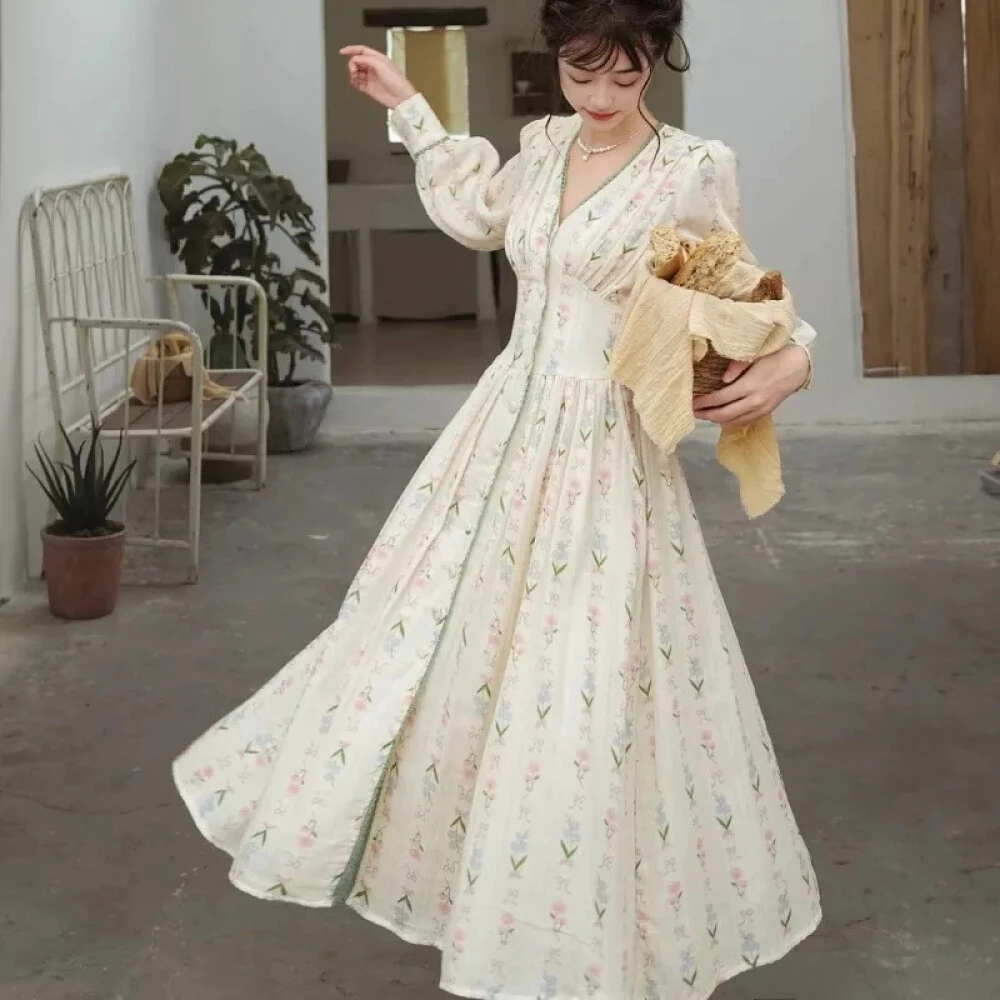 Gaun Putih Panjang Gaya | Hepburn Pinggang Tinggi | Dress V Neck | Midi Dress | Dress Putih | Dress 