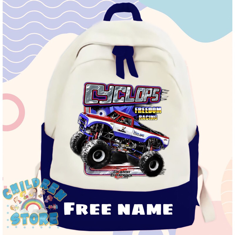 TAS RANSEL ANAK BACKPACK ANAK SEKOLAH GAMBAR MONSTER TRUCK CYCLOPS FREE CETAK NAMA