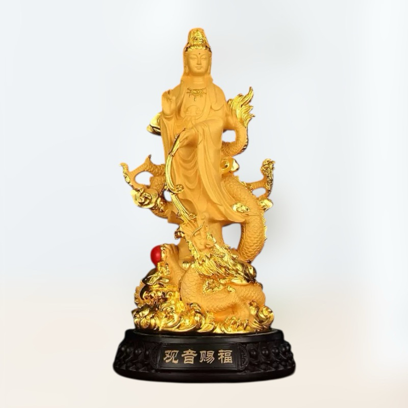 Patung Kwan Im Emas dengan Naga Emas | Hiasan Fengshui Hoki / Pajangan Guan Yin Dragon statue