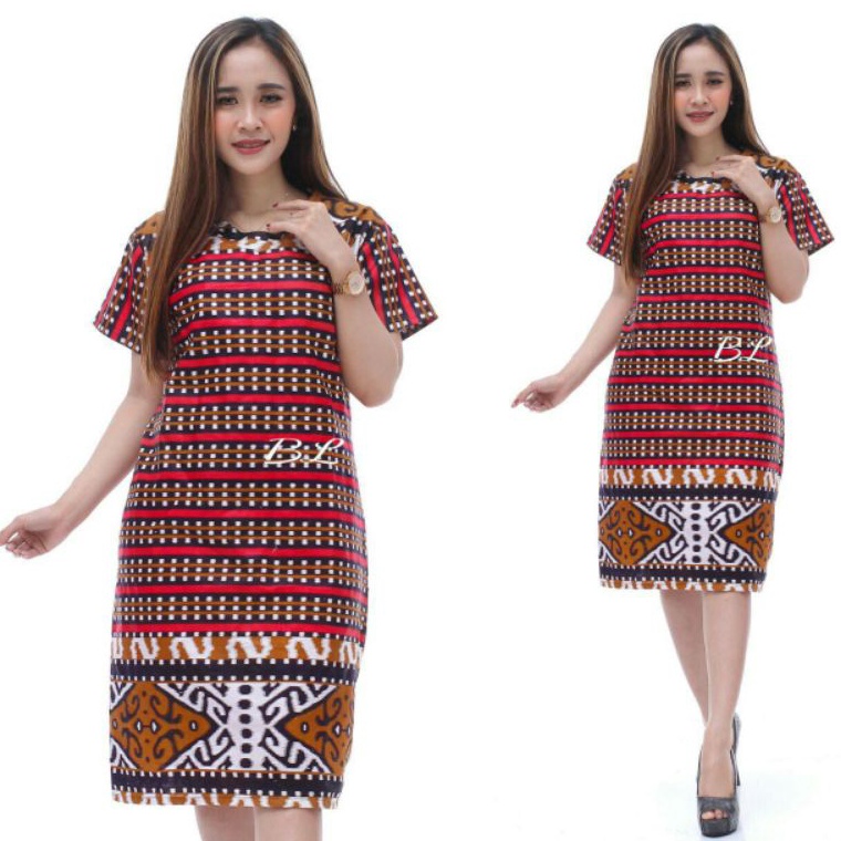 Baju Dress Wanita Modern Model Terbaru Motif Batik Lengan Pendek Dress Natal KODE E2L3