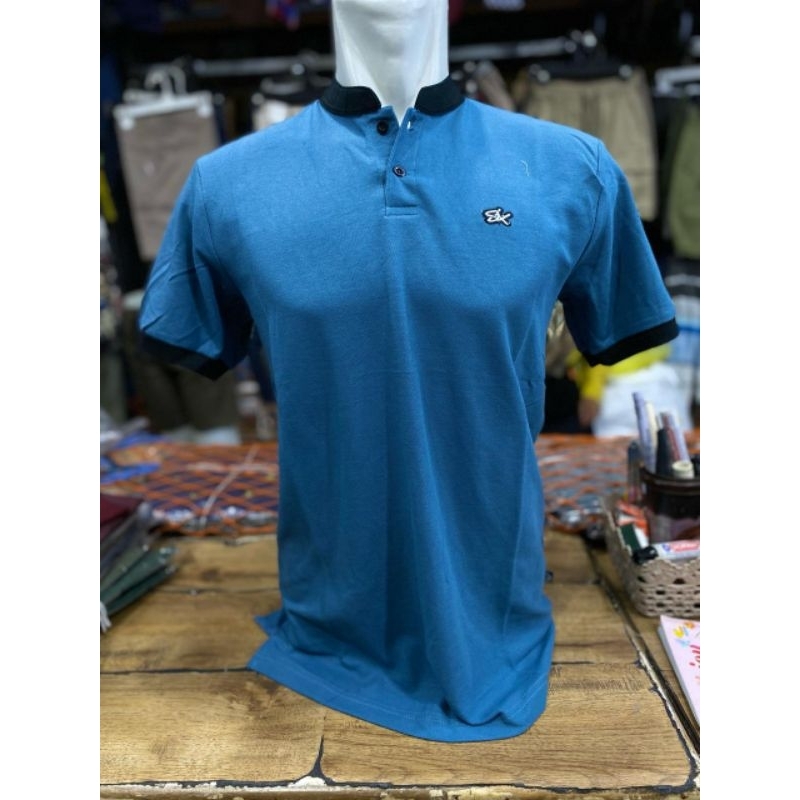 Kaos pria kerah kra kombinasi polos 1 warna biru laut