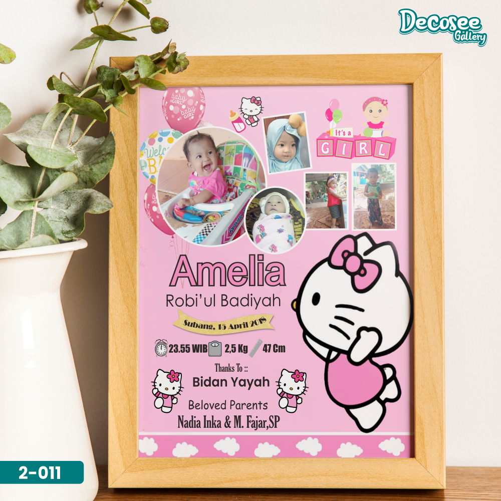 Cetak Pigura/Bingkai Biodata Bayi Ukuran 20x30 CM Tema Pink Hello Kitty - 2-011