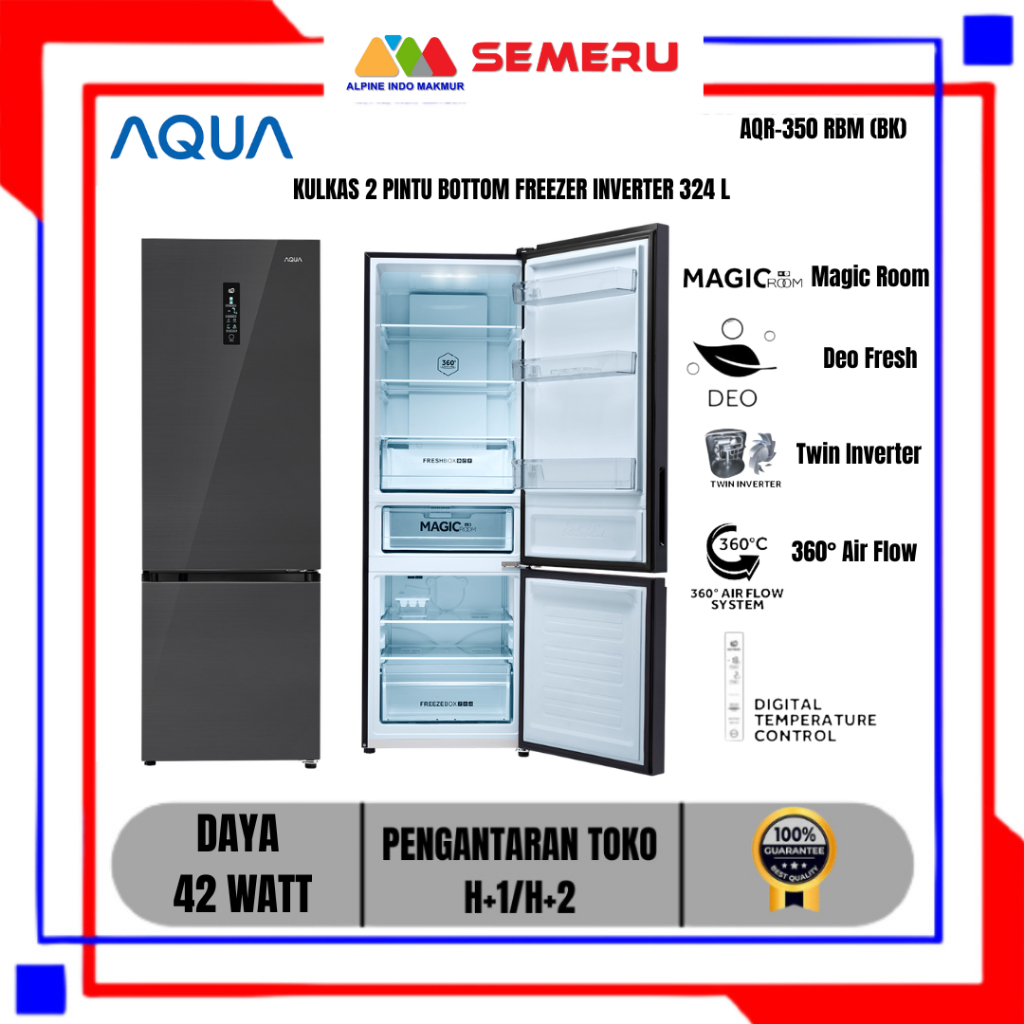 AQUA KULKAS 2 PINTU BOTTOM FREEZER INVERTER DAYA 42 WATT 324 L AQR-350 RBM (BK) KHUSUS MAKASSAR