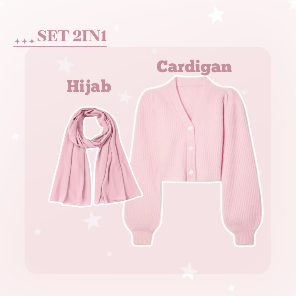 DISKON ONE SET WANITA KEKINIAN (CARDIGAN RAJUT PINK INNER DRESS RAMPEL PUTIH HIJAB DUSTY PINK)
