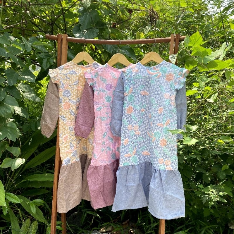 Banara Gamis Batik Anak Mellani Lengan Panjang Long dress Motif Bunga Katun Mix Madinah