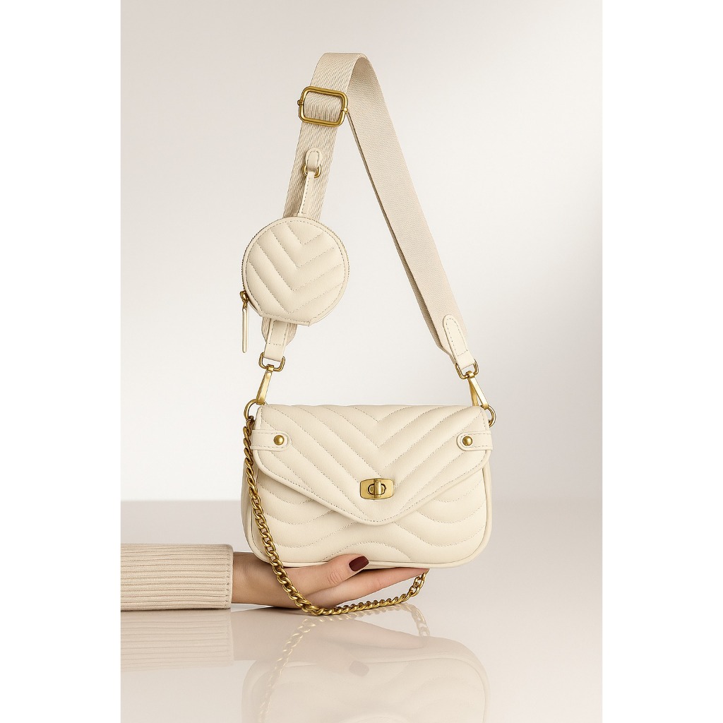 TAS WANITA SELEMPANG PUTIH WANITA TERBARU - TAS BAHU TALI RANTAI SET 2IN1 - TAS FASHION KOREA - TAS 