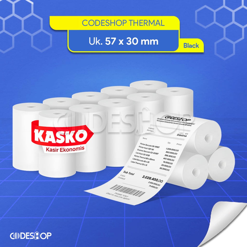 

Paper Roll Thermal 57x30 mm Kasko Kasir Ekonomis Kertas Termal 57 x 30 Codeshop Cetak Hitam