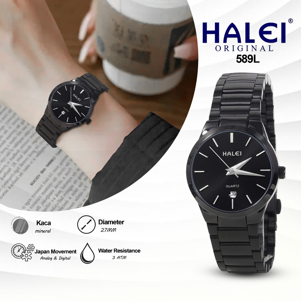 HALEI IND 589 L - Bergaransi Original Jam Tangan Cewek Tali Rantai Ada Tanggal Jamin Anti Air