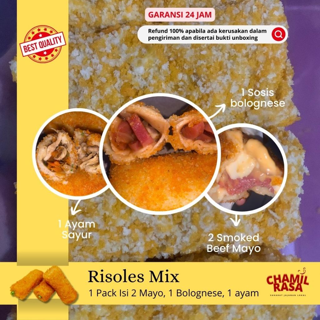 

Risoles MIX (1 Ayam Sayur, 2 Mayo, 1 Sosis Bolognese) Frozen Food 1 Pack Isi 4 Pcs Homemade & Halal