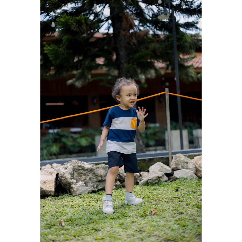 Kaos Anak Triple Colour Unisex / Navy Putih Kuning