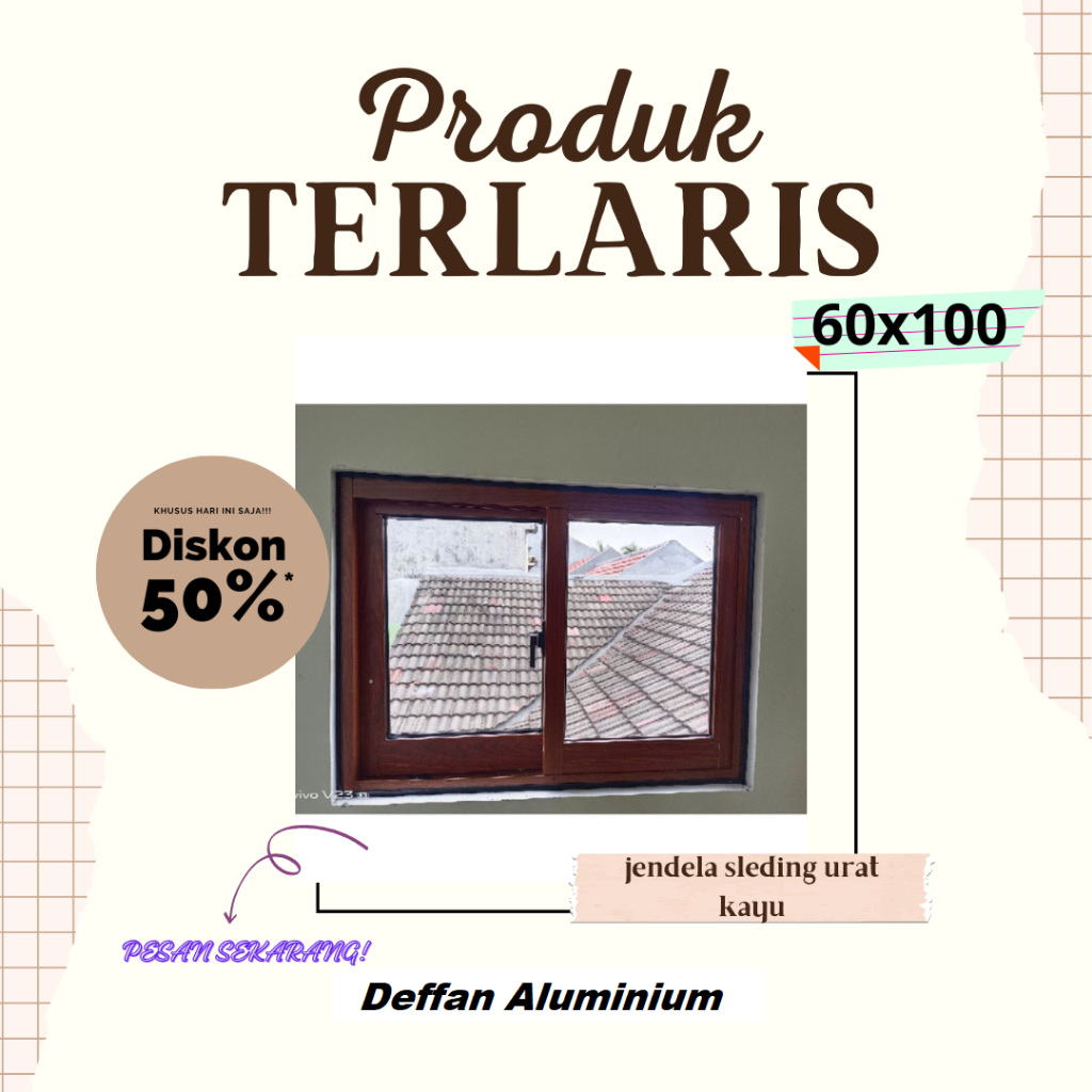 kusen jendela aluminium sliding 60x100 urat kayu