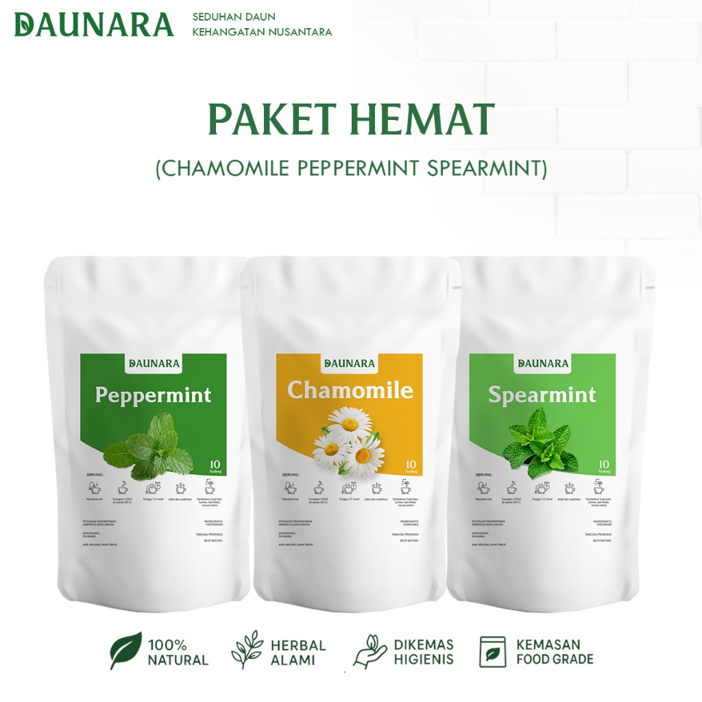 

Paket Hemat 3 Best Seller by Daunara Chamomile Spearmint Peppermint Isi 10 Kantong per Pack