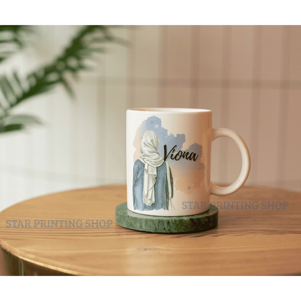 CETAK GELAS MUG CARTOON MUG CUSTOM NAMA HIJAB MUSLIMAH REQUEST NAME GIFT SOUEVENIR