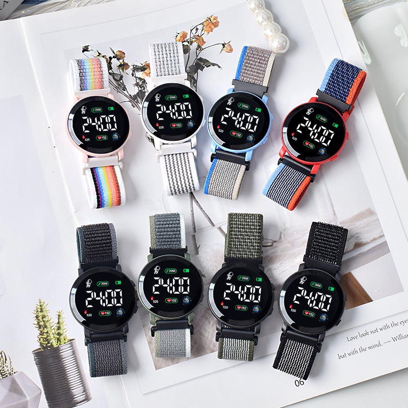J205 Jam Tangan Kanvas Pria Wanita Jam Tangan LED Jam Model Bulat Digital Watch Strap Kanvas