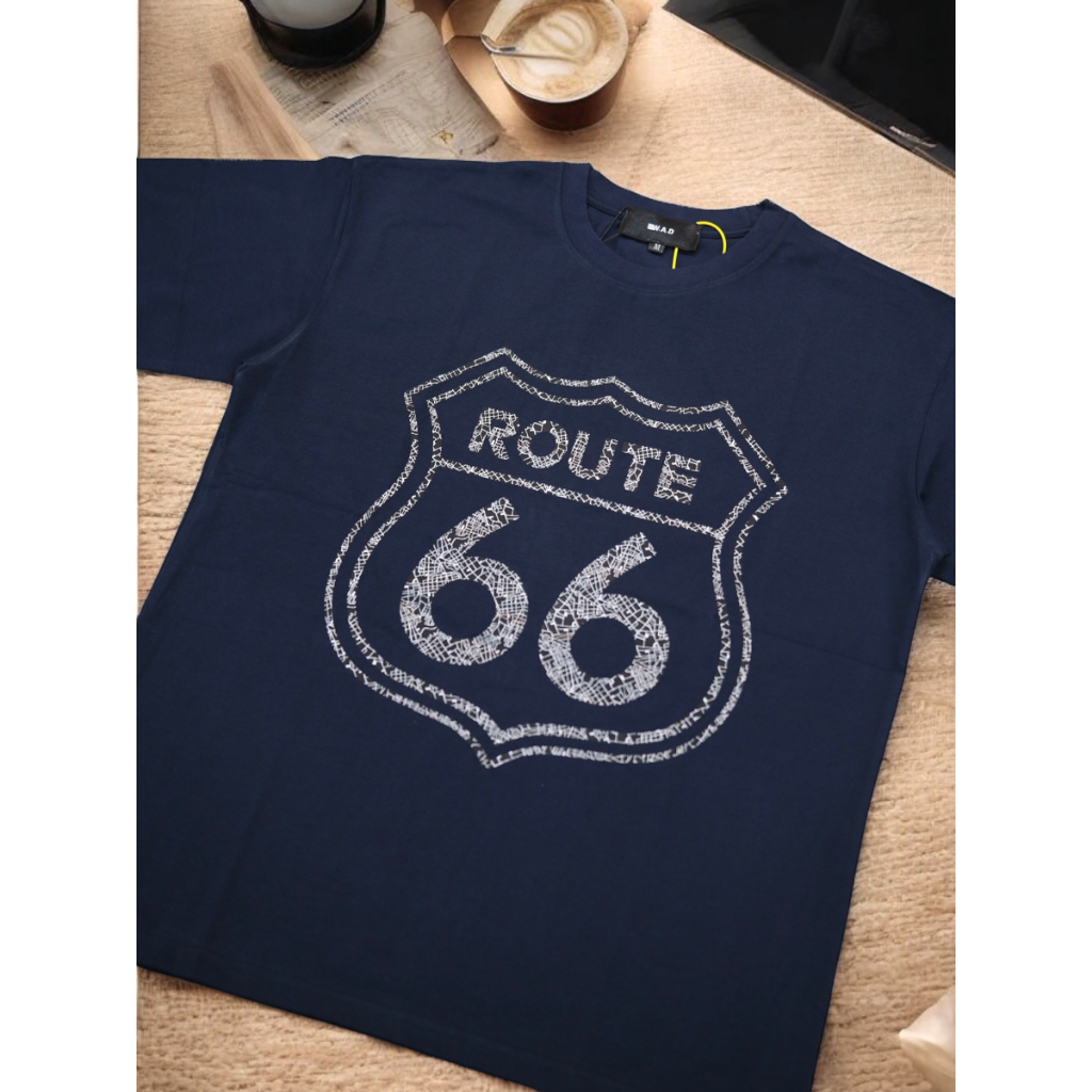 T-Shirt Kerah Bulat Lengan Pendek Material Patterned Katun Tebal ROUTE 66