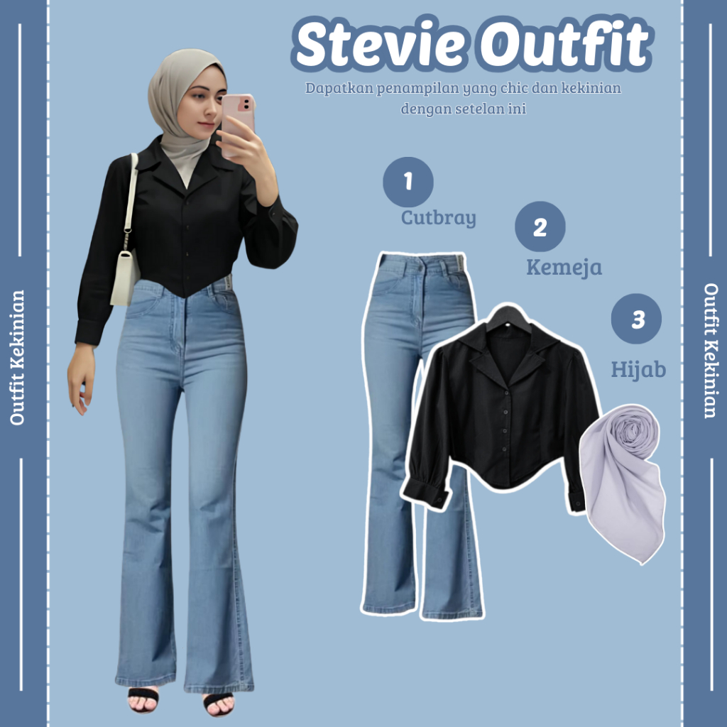 Setelan Stevie Outfit { Kemeja Crop + Celana Cutbray Jeans + Hijab } One Outfit Cewek