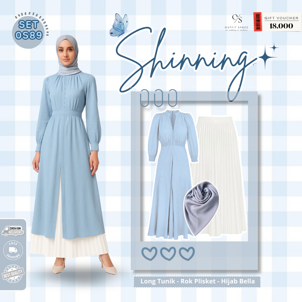Set Tunic Wanita Kekinian | Tunik Outer Sky Blue, Rok Plisket Putih, Hijab Bella Square Grey | One S