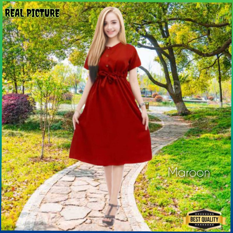 Dress Wanita Althaea Jumbo LD 90-112 Gaun Bigsize Korea Casual Maroon