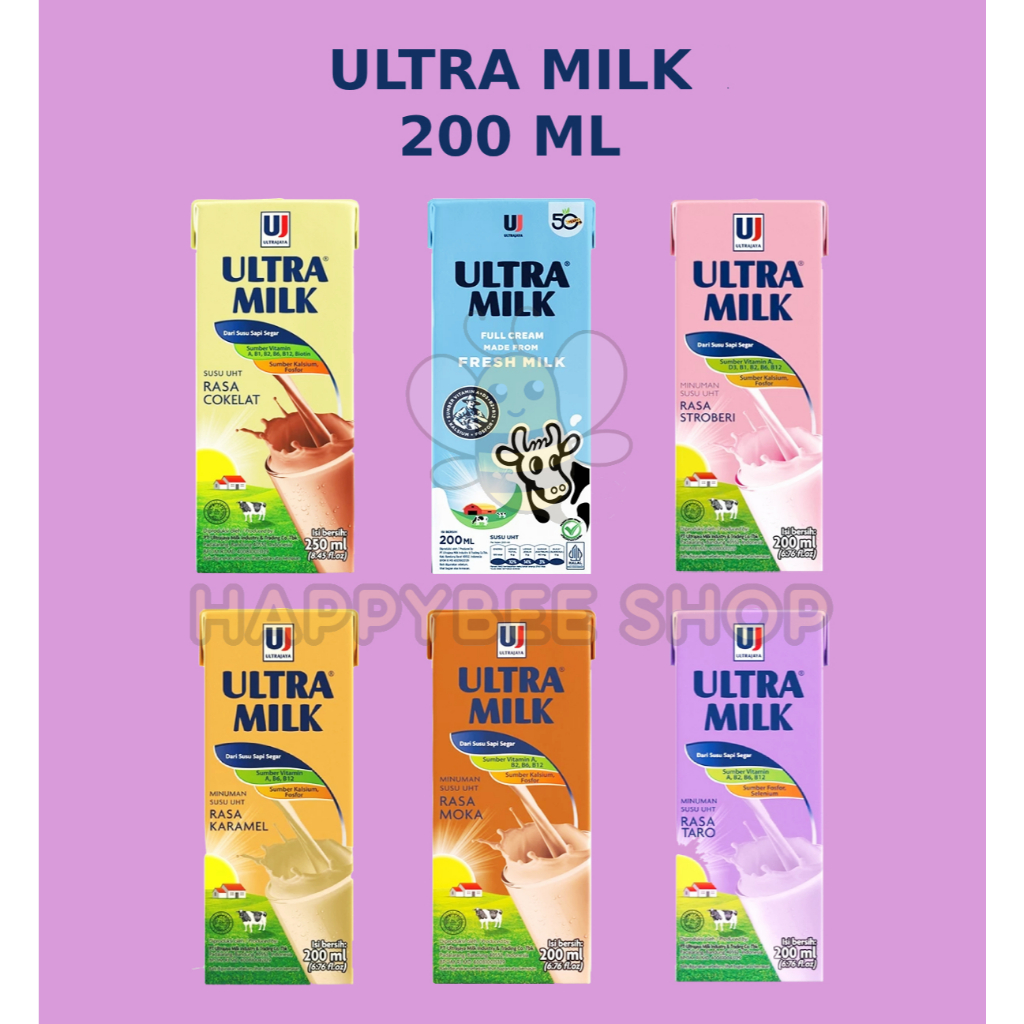 

Ultra Milk UHT 200 ml | Fullcream | Coklat | Stroberi | 1 Dus isi 24 Pcs