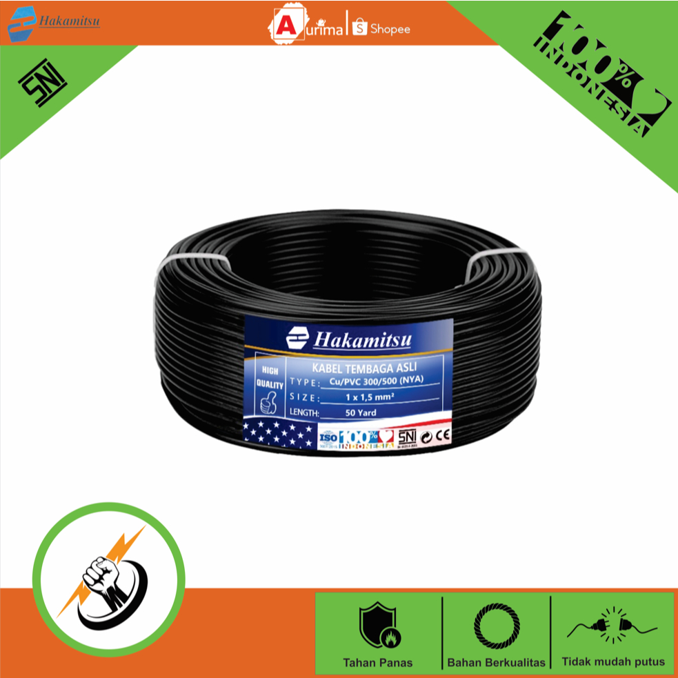 KABEL LISTRIK NYA 1 X 1.5 X PER METER SNI SPLN TEMBAGA MURNI KABEL INSTALASI HAKAMITSU ORIGINAL