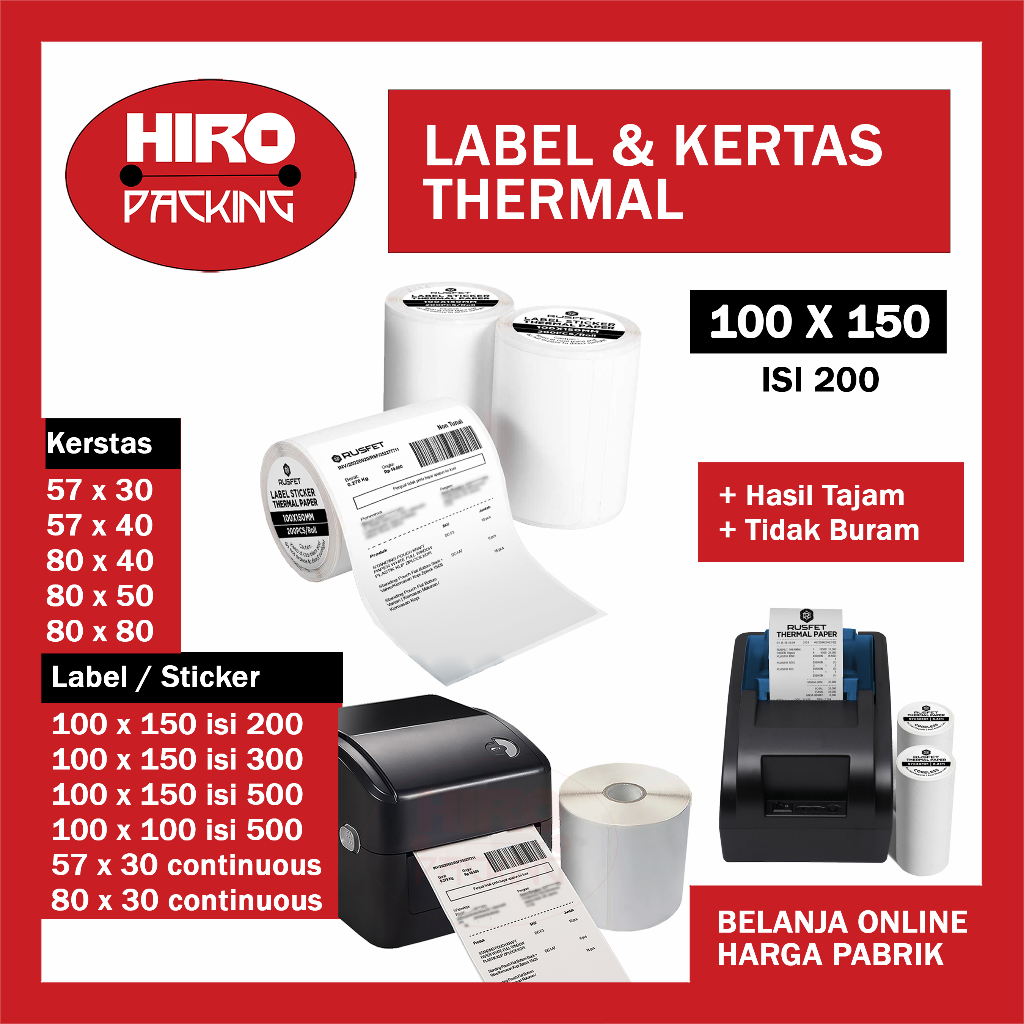 

Label Sticker Thermal 100x150 isi 200 Resi Pengiriman 100x100 isi 500 300 Barcode 57x30 80x30 Continuous Kertas Struk Kasir 57x30 57x40 Coreless 80x40 80x50 x 80x80 Core Roll