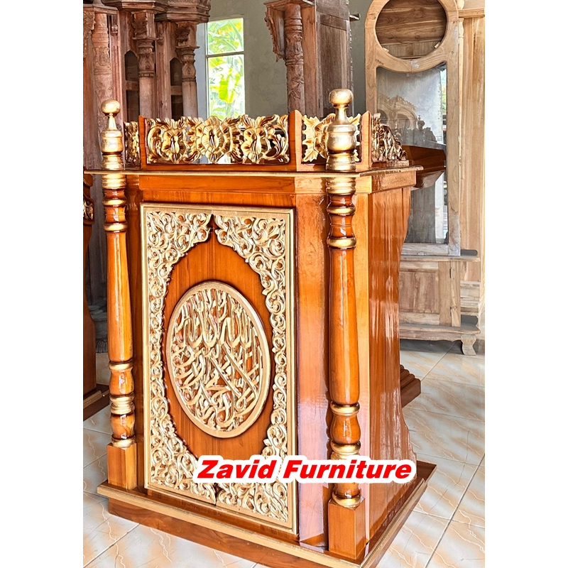 Mimbar podium kaligrafi ukir, mimbar podium mewah, mimbar podium kayu jati, mimbar podium masjid