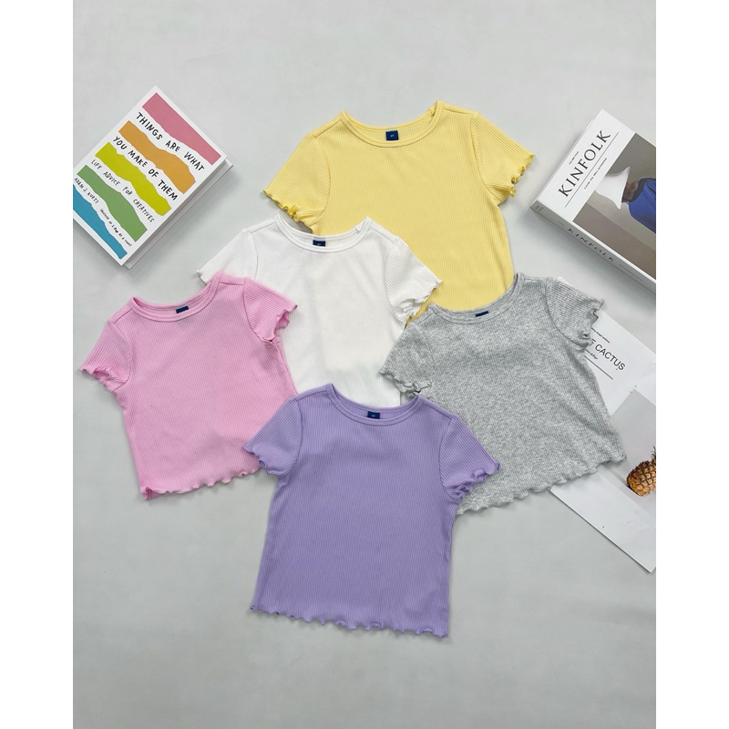 HJR1203 Short Slevee Rib-knit Lettuce Edge Tshirt for Girls
