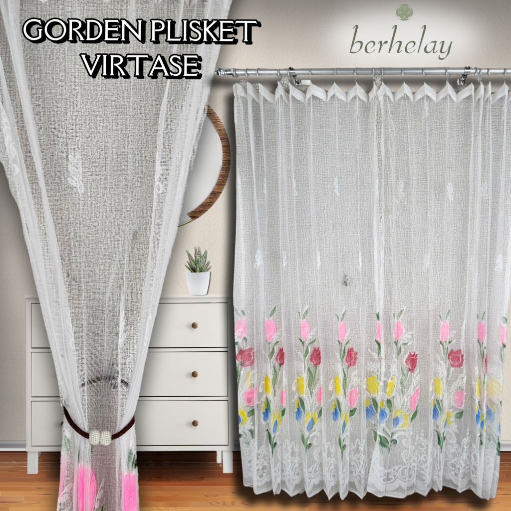 Gorden Vitrase Plisket Kawat S / Dalaman Untuk Pintu Jendela / Warteg Motif Bunga Tulip