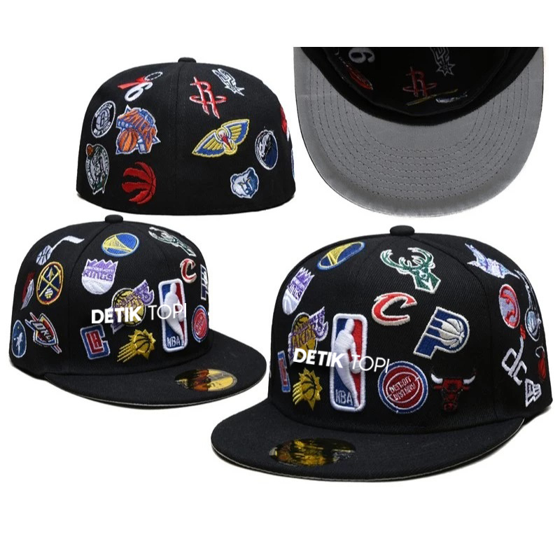 Topi Fitted NBA All Over Patch Black Hitam Bordir Build Up Caps