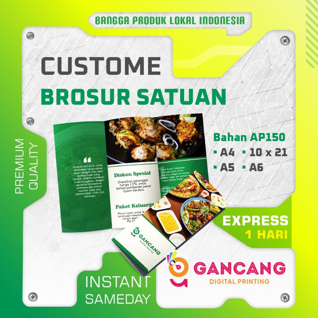 

Gancang Digital Printing Custom cetak Brosur / Flyer Satuan Uk A4, A5, A6 Bahan AP150 Express 1 Hari