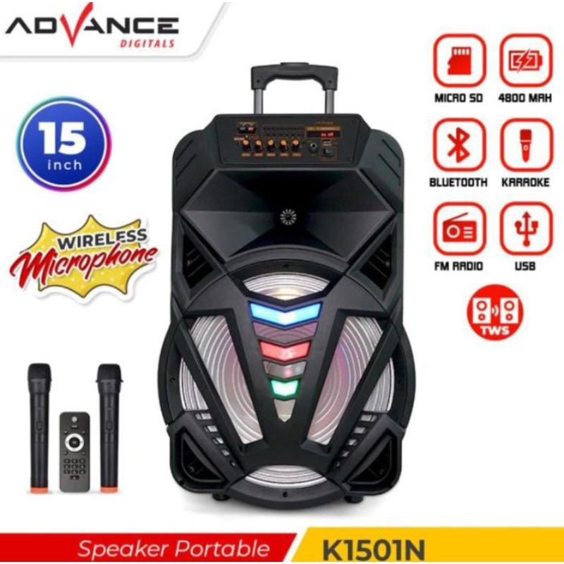 ADVANCE SPEAKER BLUETOOTH KARAOKE K1501N - SPEAKER ADVANCE 1501 MIC WIRELESS 2 BUAH - SPEAKER BLUETO