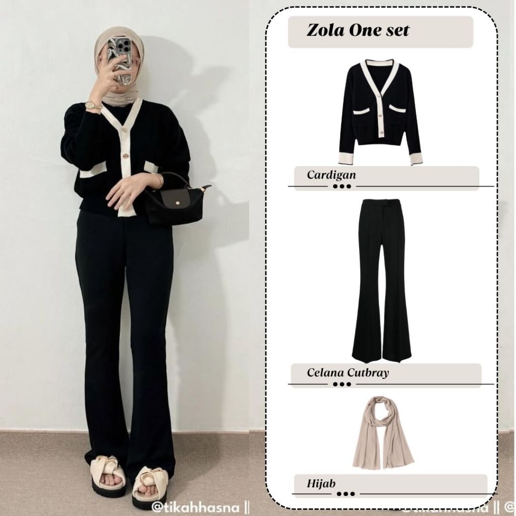 Zola One Set Wanita Cardigan Celana Cutbray Square Hijab Setelan Hangout Simple Baju Korean Style