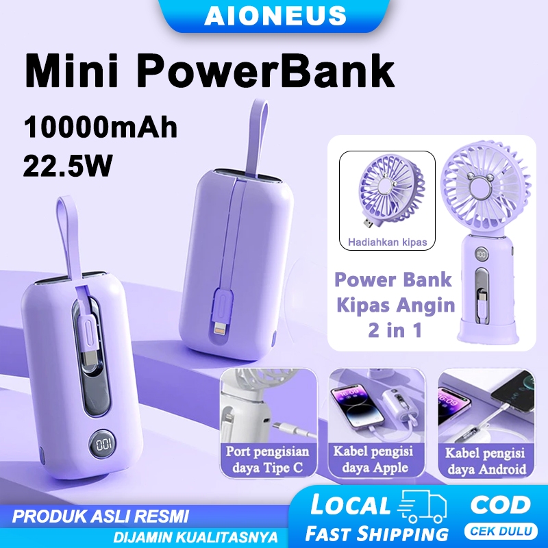 Mini Powerbank Fast Charging 10000 mAh 22.5W With Portable Kipas Angin Power Bank Fast Charging Kabe