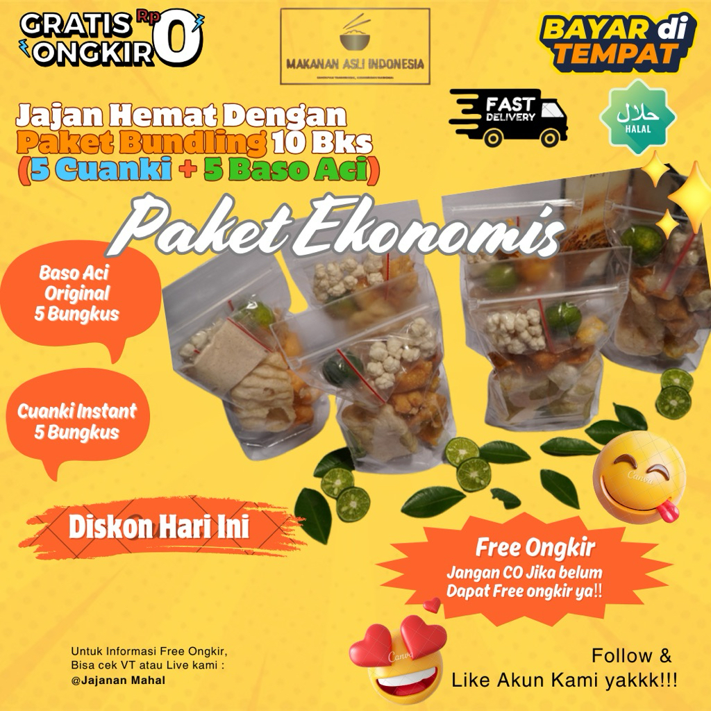

Bundling 10bks 20 rb an Baso aci ori 5 + Cuanki 5 murah enak lezat makanan pedas gratis ongkir Rp0