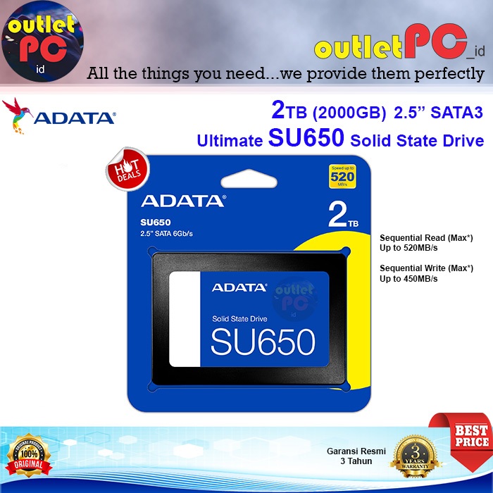 ADATA SSD SU650 2TB SATA3 2.5" 2.5 INCH 2T 2 TB SU 650 SATA III 2000GB SU-650