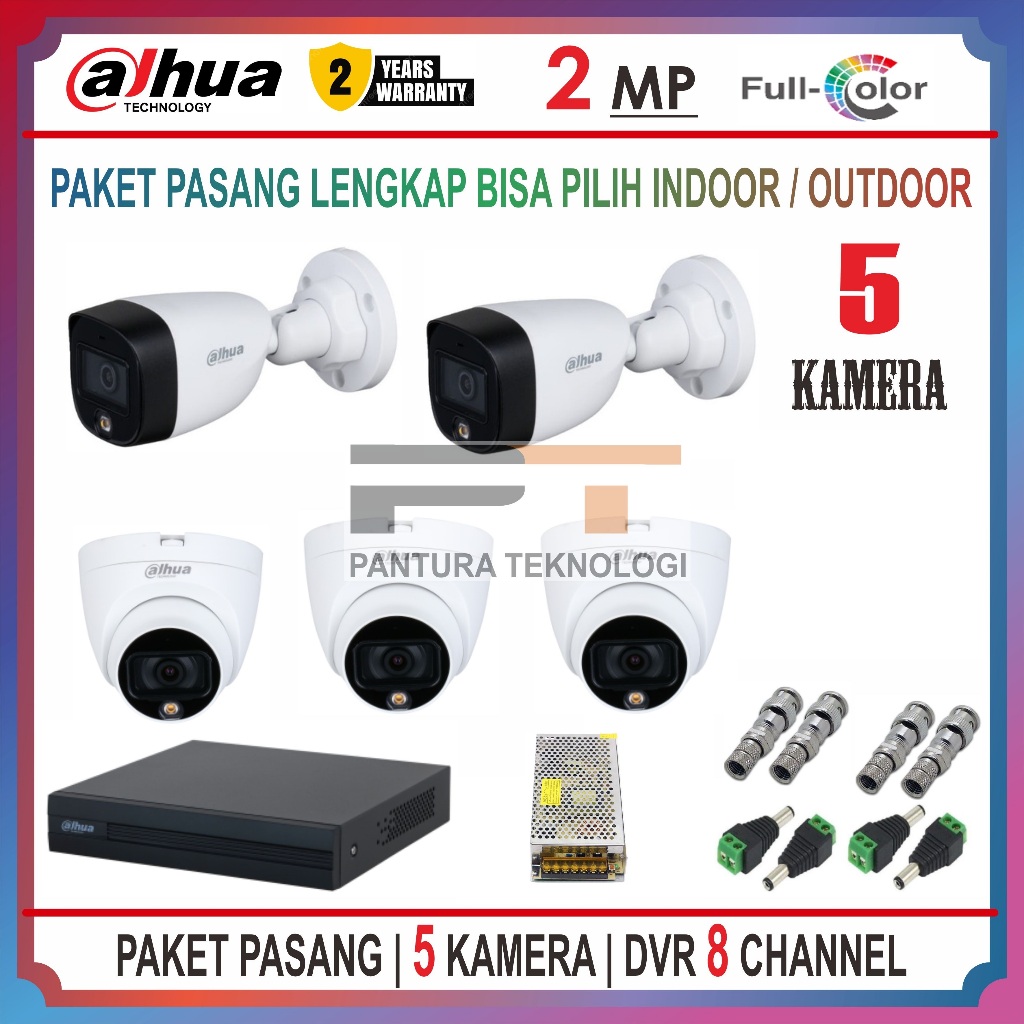 PAKET 5 KAMERA DAHUA 2MP FULLCOLOR DVR 8 CHANNEL CCTV PROMO LENGKAP SIAP PASANG