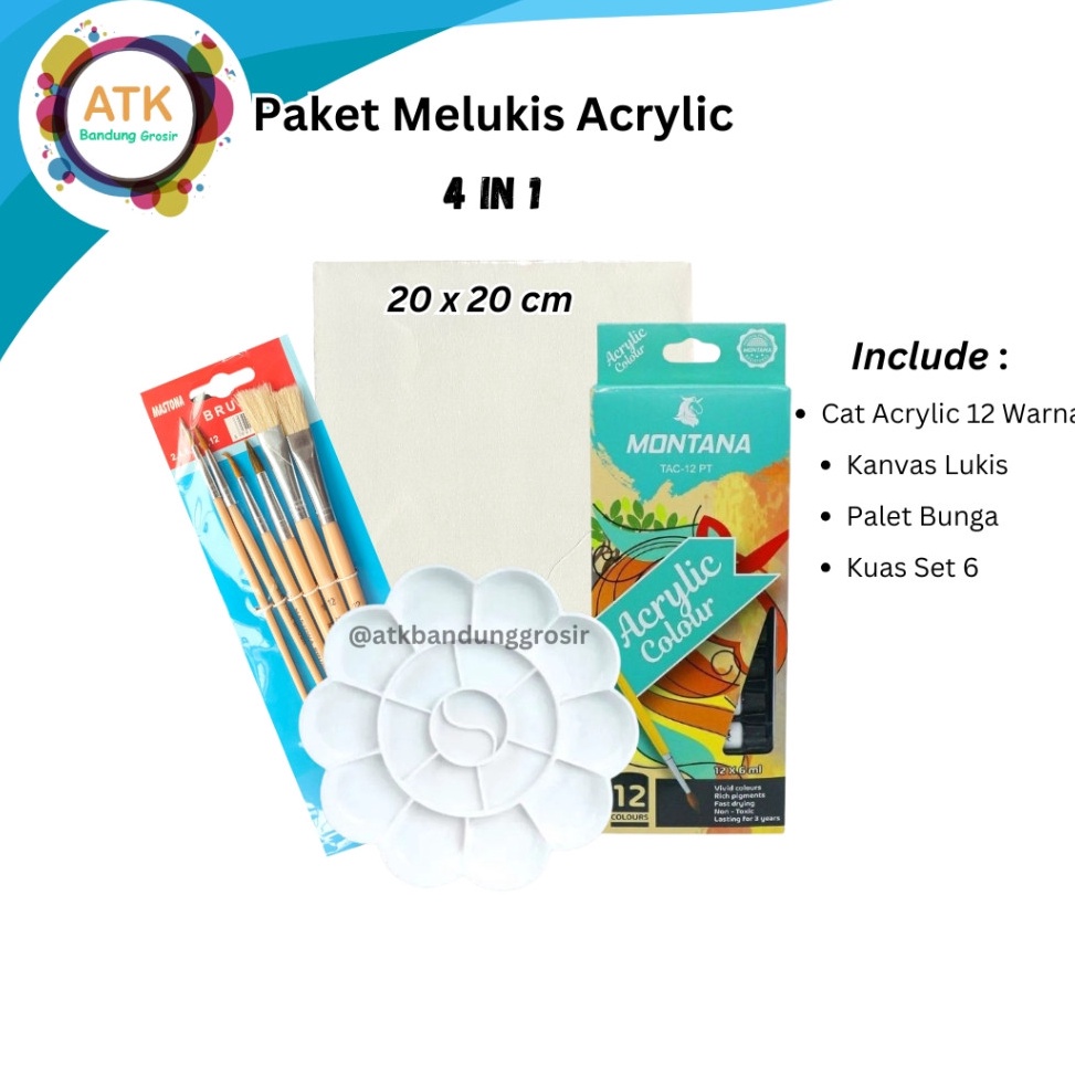 

KODE X32G Paket Melukis Lengkap Set 4 in 1 Set Kanvas 2x2 Kuas Palet dan Cat Acrylic Set Lukis