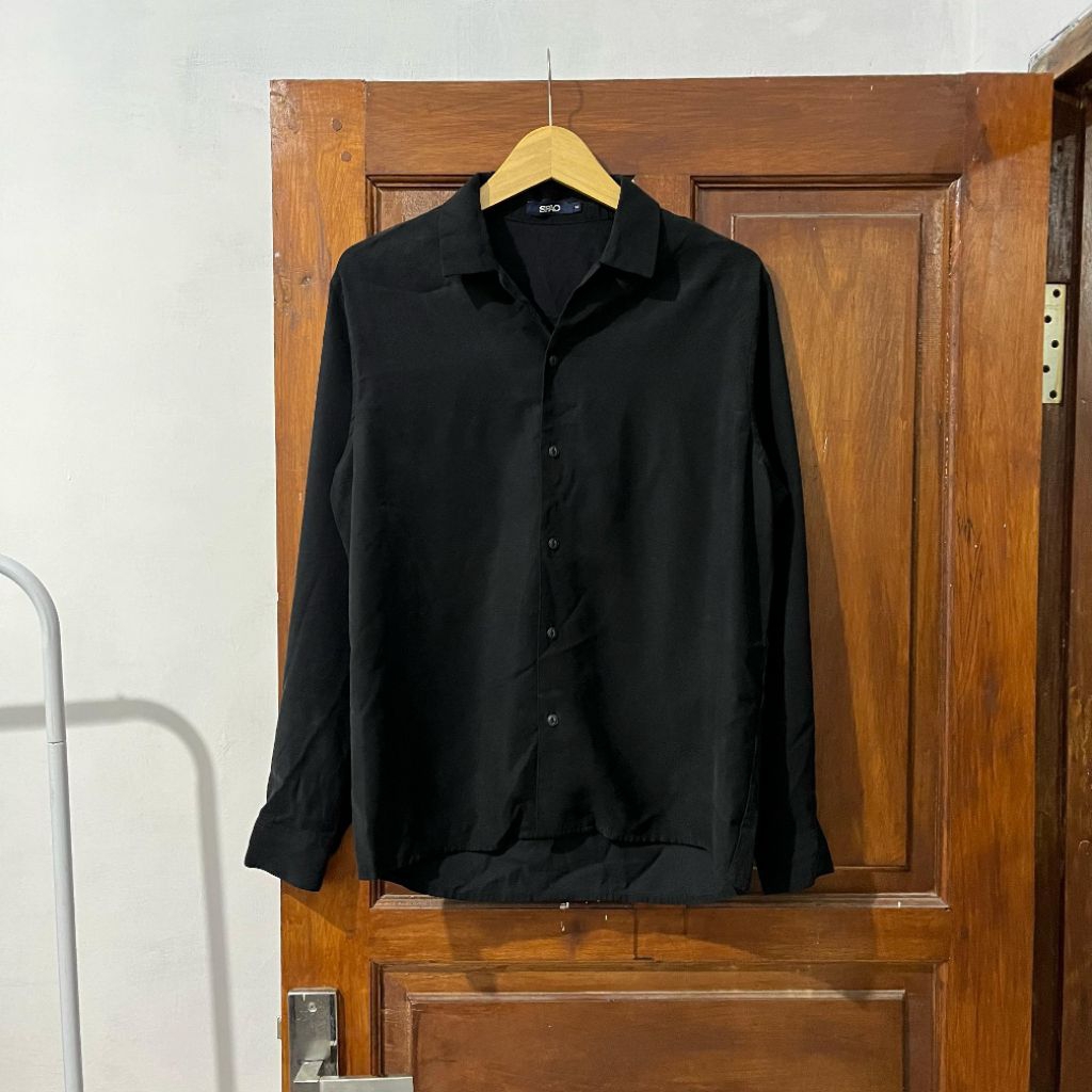 [M-L] SPAO Black Long Sleeve Shirt I Vintage Vtg Retro Kemeja Garis-garis Salur Outer Woll Veterano 