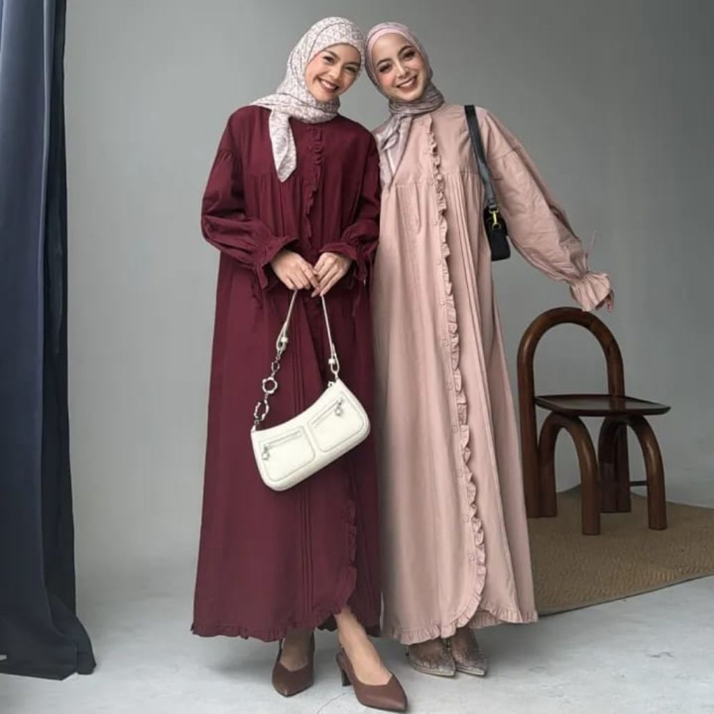 DRESS RUFFLE KATUN POPLIN| Gamis wanita muslim Linen