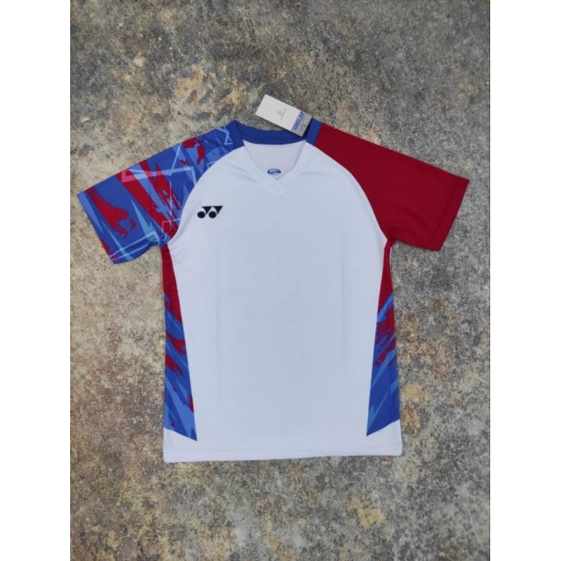 Atasan jerseynya olahraga badminton volly soccer futsal putih kombinasi merah dan biru