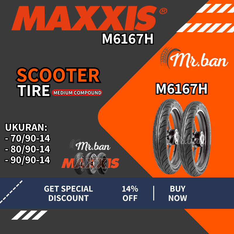 BAN LUAR MOTOR MATIC M6167H MAXXIS UKURAN 70/90 80/90 90/90 RING 14 TUBETYPE TT | BAN DEPAN BELAKANG