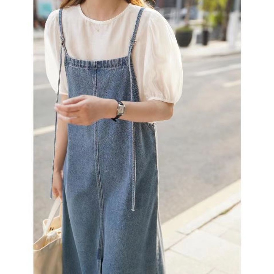 KODE B52V Monica baju kondangan wanita kekinian overall dress jeans jumbo midi dress denim rok belah