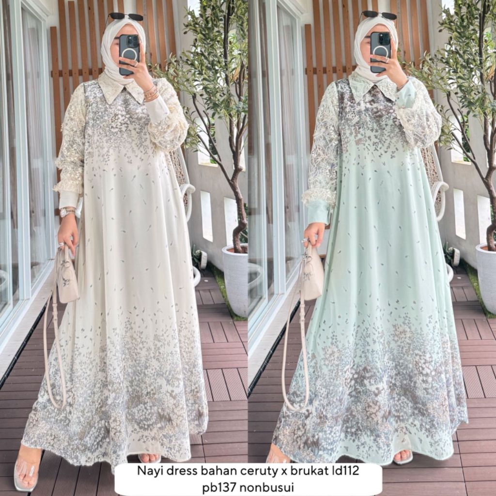 AVR Gamis Nayi Dress Bahan Ceruty X Lengan Centili Motif Bunga Kecil 4 Warna
