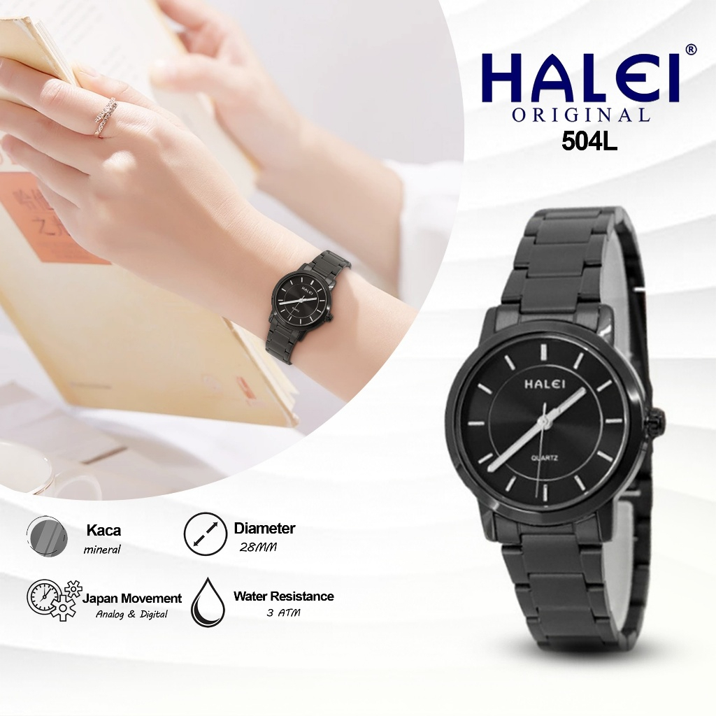 HALEI IND 504 L - Bergaransi Jam Tangan Wanita Original Tali Rantai Stainless Anti Air Japan