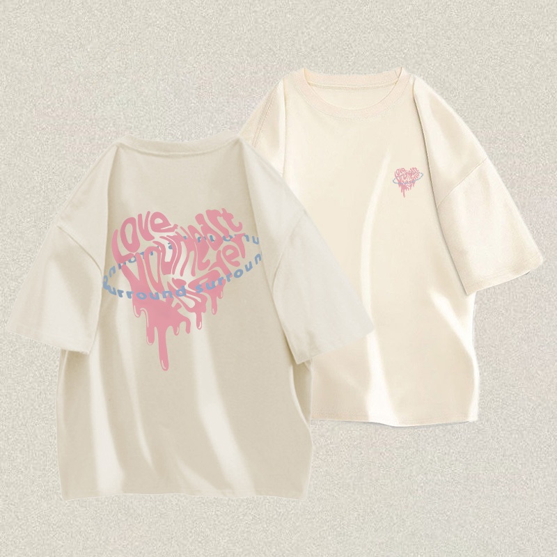 RENELLE Baju Kaos Oversize Pria | Kaos Motif Hati Merah Muda Aprikot | Kaos Pria Distro Original | B